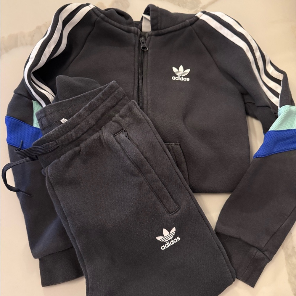Adidas Dark Gray Tracksuit with Blue and White Stripes